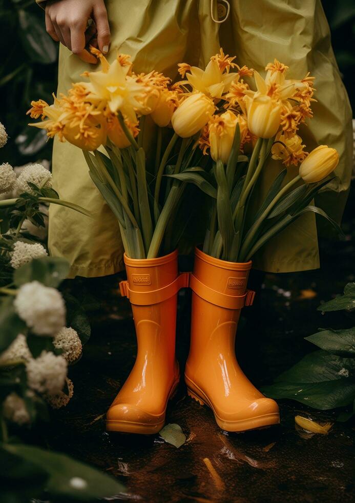 ai genererad gul regn stövlar innehav gul blomma foto