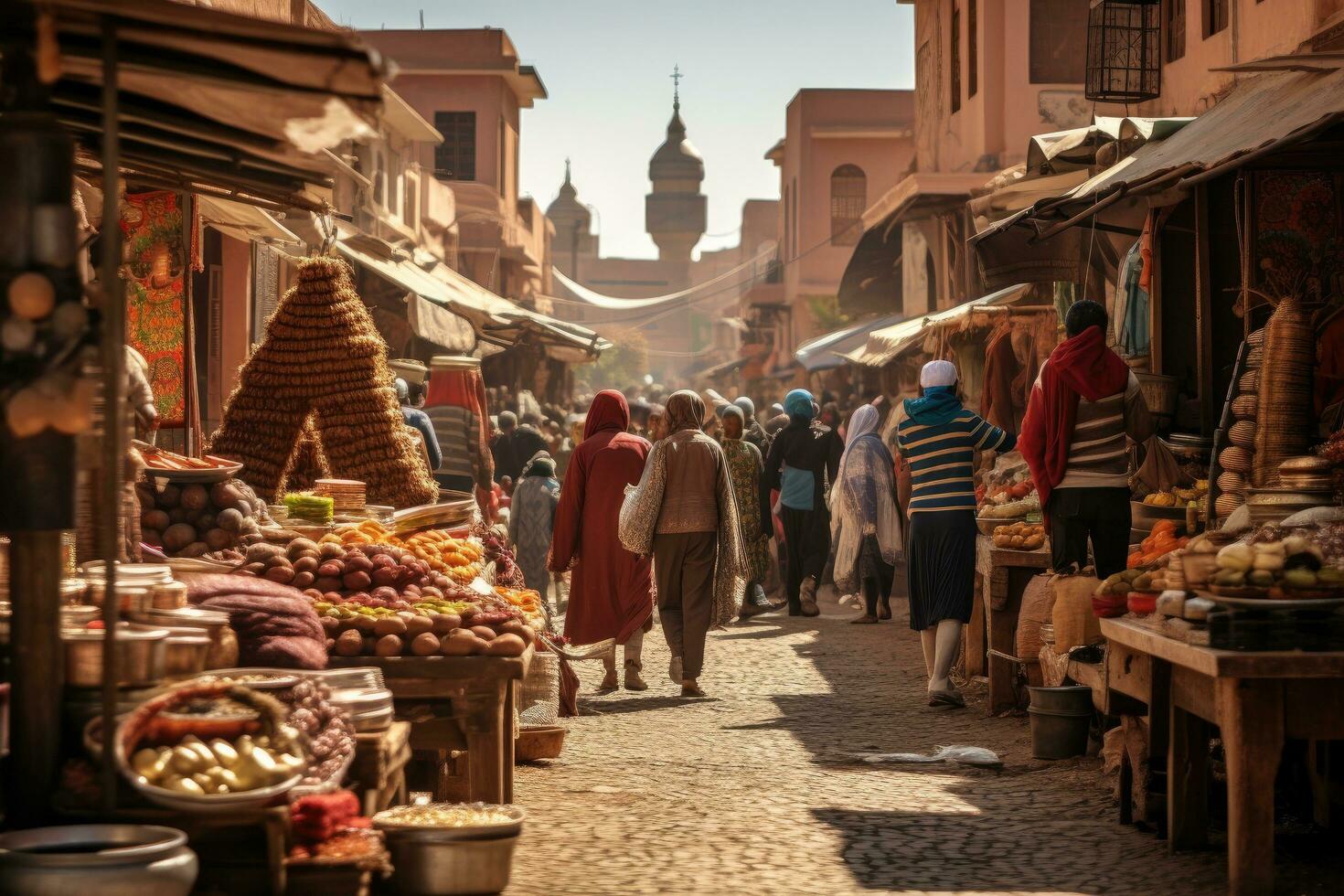 ai genererad marknadsföra i fes cirka september 2014 i fes, en livliga gata marknadsföra i marocko, ai genererad foto
