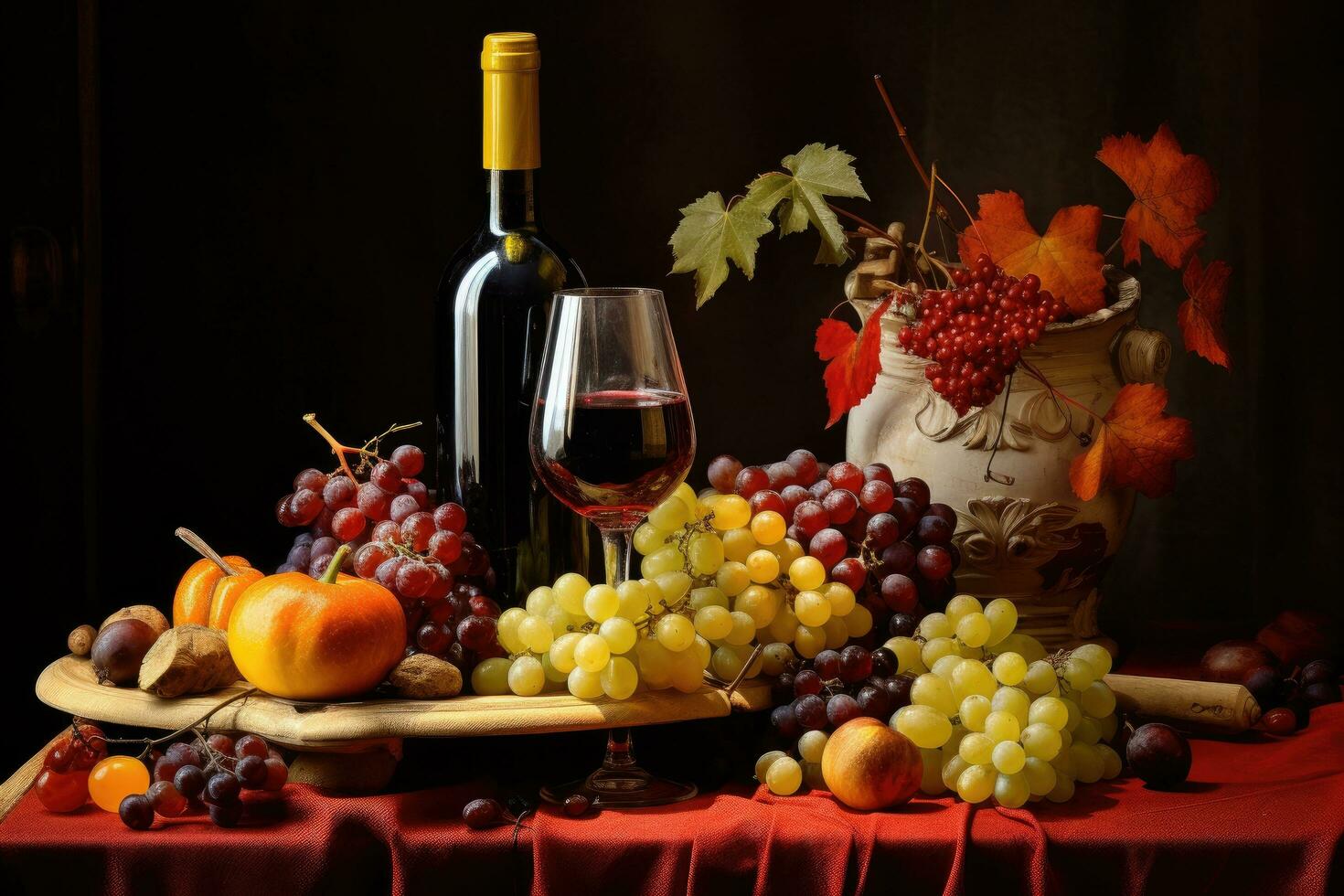 ai genererad fortfarande liv med röd vin, vindruvor och valnötter på trä- tabell, en charmig fortfarande liv av frukt och en flaska av vin, ai genererad foto
