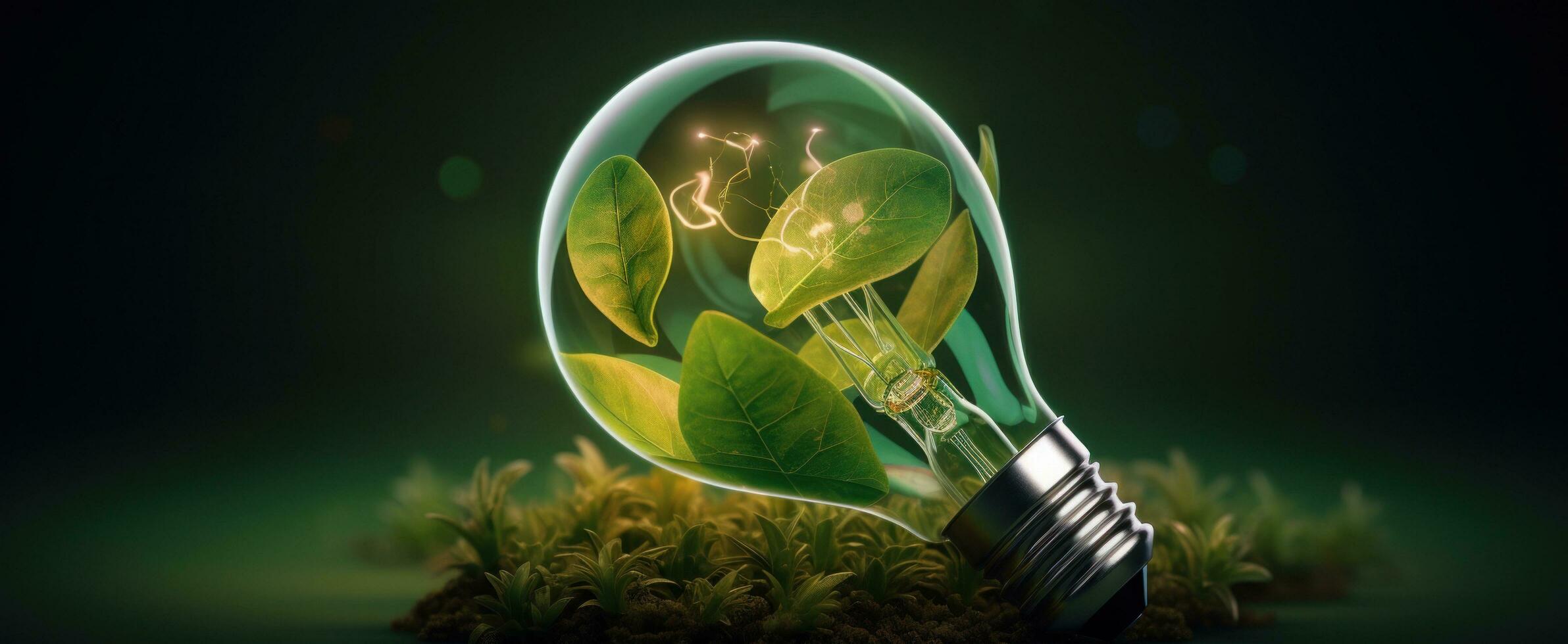 ai genererad en ljus Glödlampa är fylld med en värld Karta den där är grön och dekorerad med grön löv foto