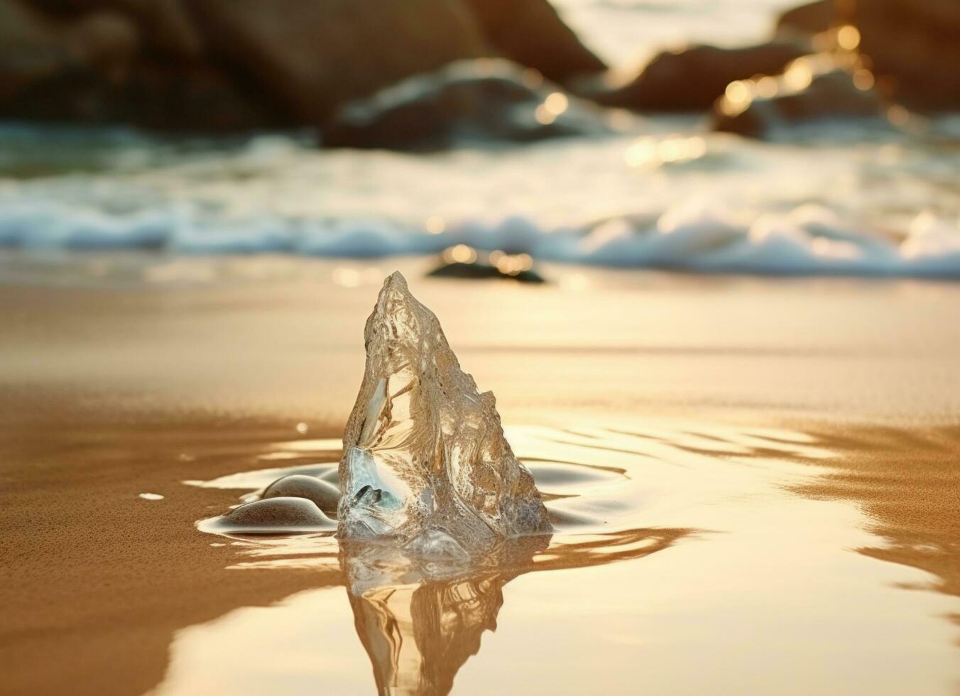 ai genererad ett bild är visad av en små sten i de sand på en strand foto