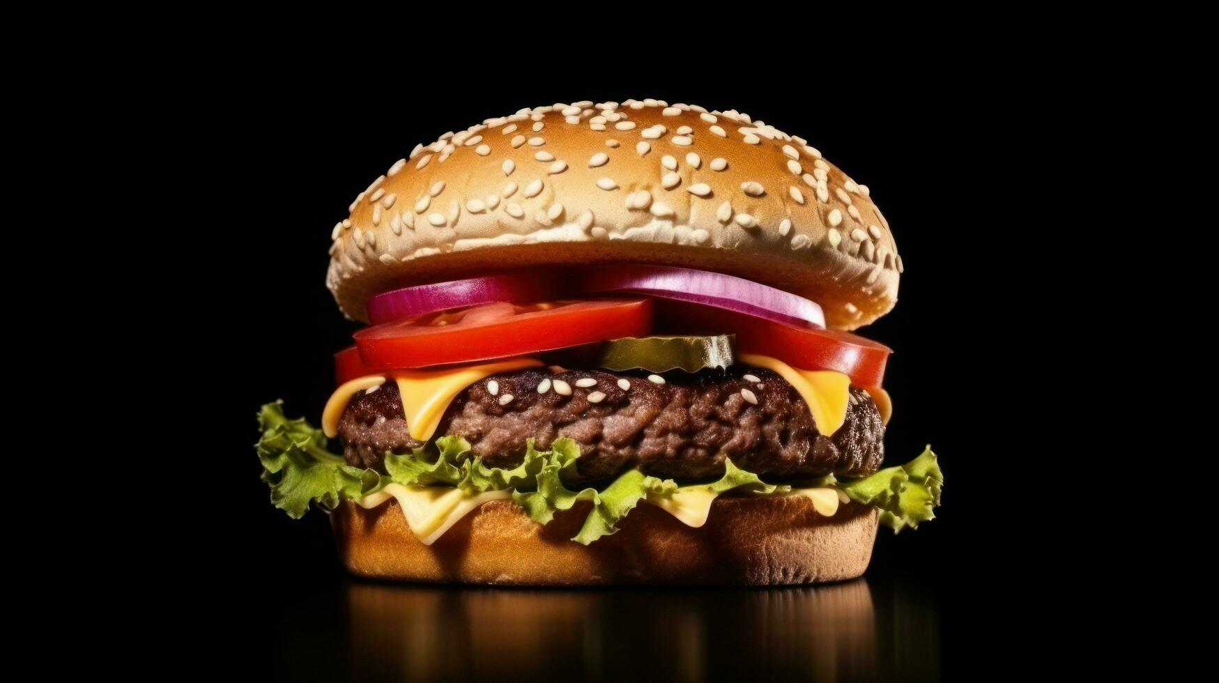 ai genererad nötkött burger på svart bakgrund med kopia Plats foto