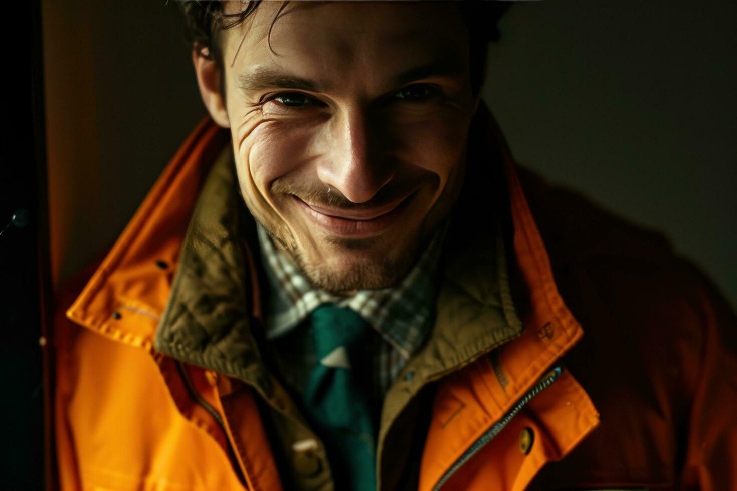 ai genererad en leende man i ett orange jacka och grön slips är Framställ för en fotografera foto