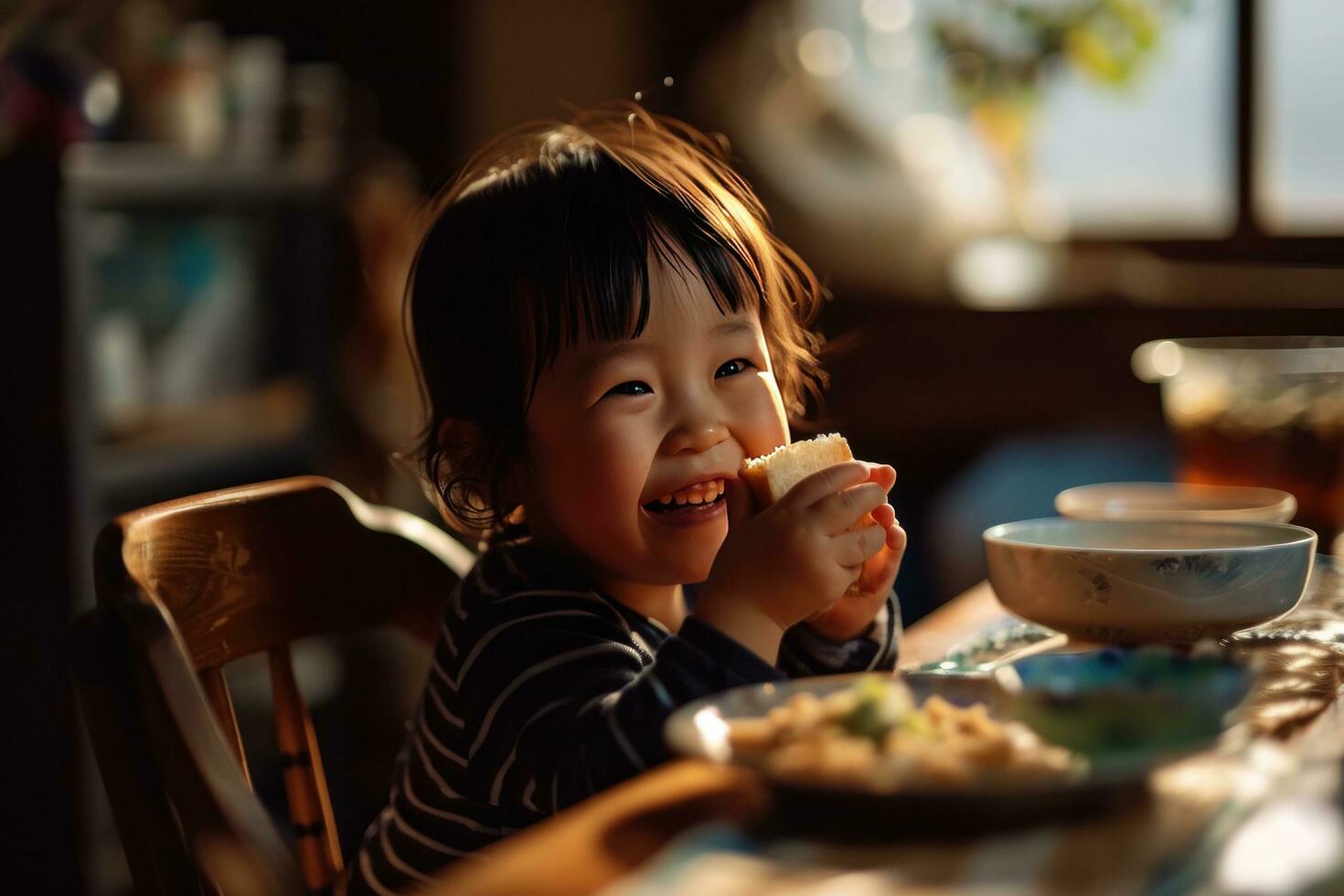 ai genererad en ung barn leende medan äter en rostat bröd foto