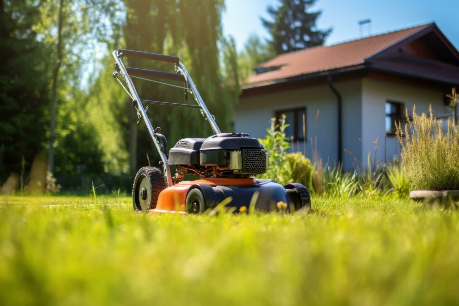 ai genererad klippning en gräsmatta på en solig dag i främre av de Sol foto