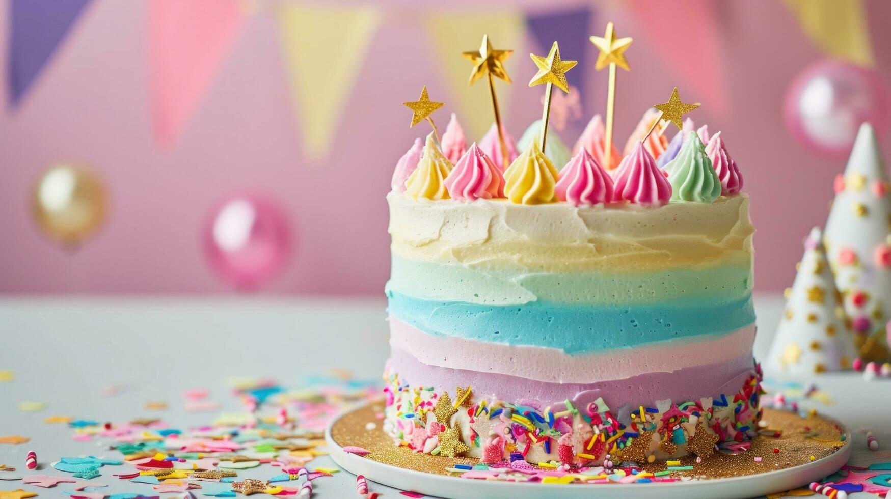 ai genererad vibrerande pastell regnbåge födelsedag kaka med flaggväv och gyllene stjärna foto