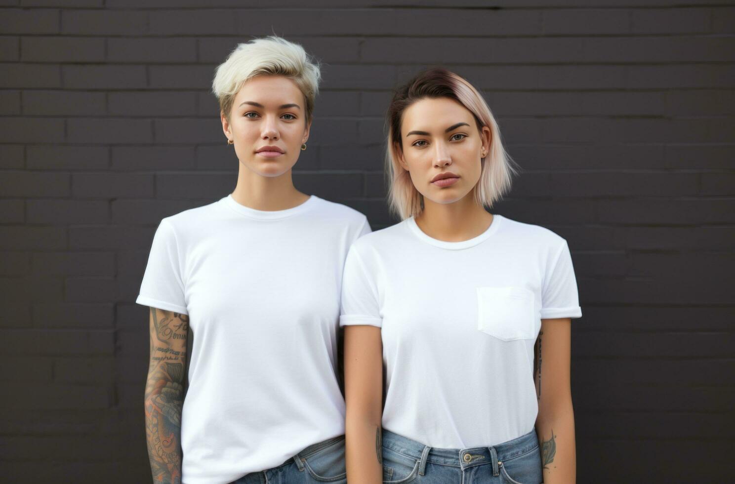 ai genererad två vit kvinnor i jeans och tshirts vit kvinna foto