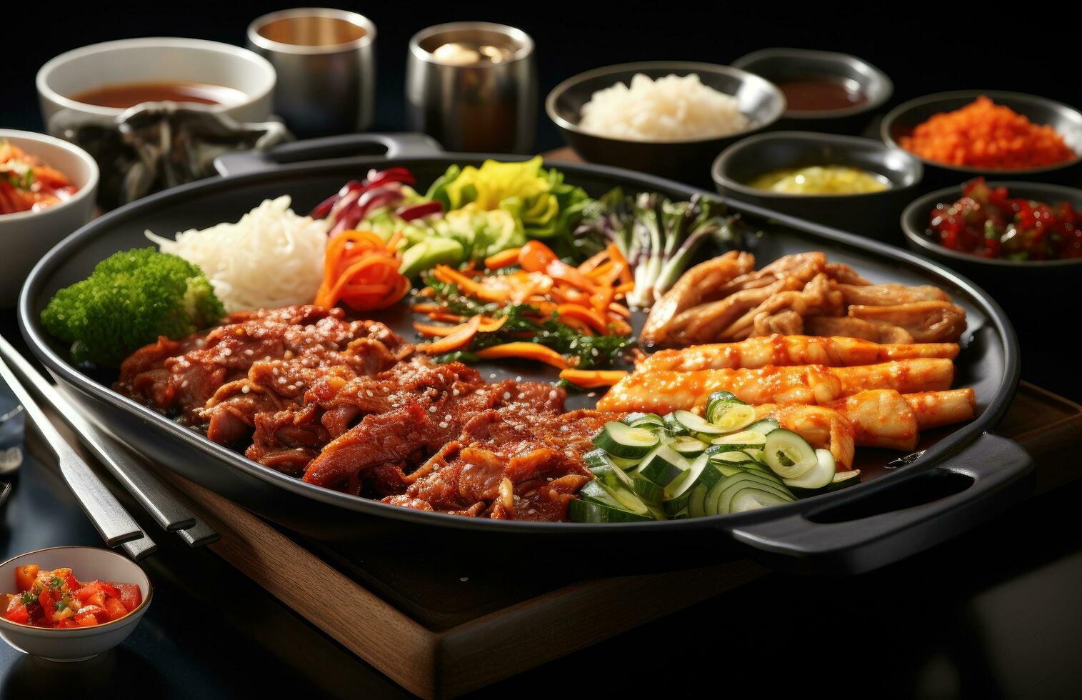ai genererad en samling av koreanska maträtter på en bricka foto
