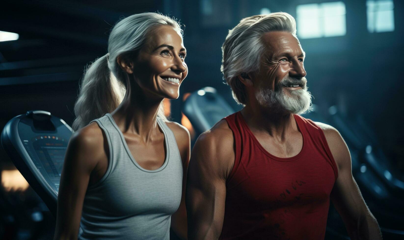 ai genererad ett övning bild av man och kvinna med muskler i de Gym foto