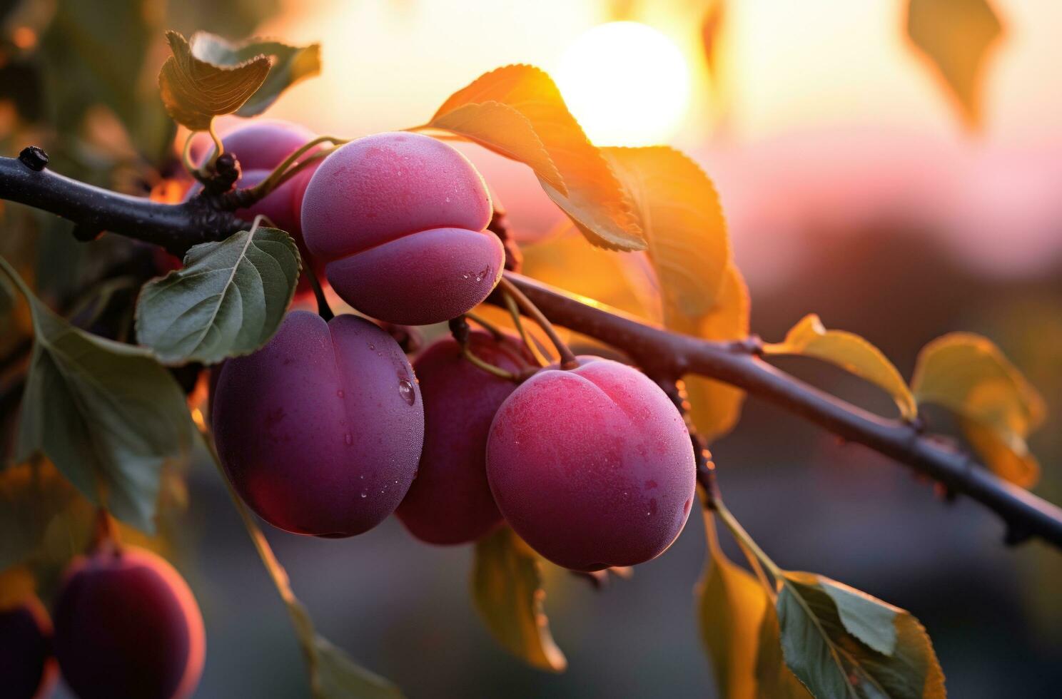 ai genererad plommon träd på solnedgång med full orange frukt, foto