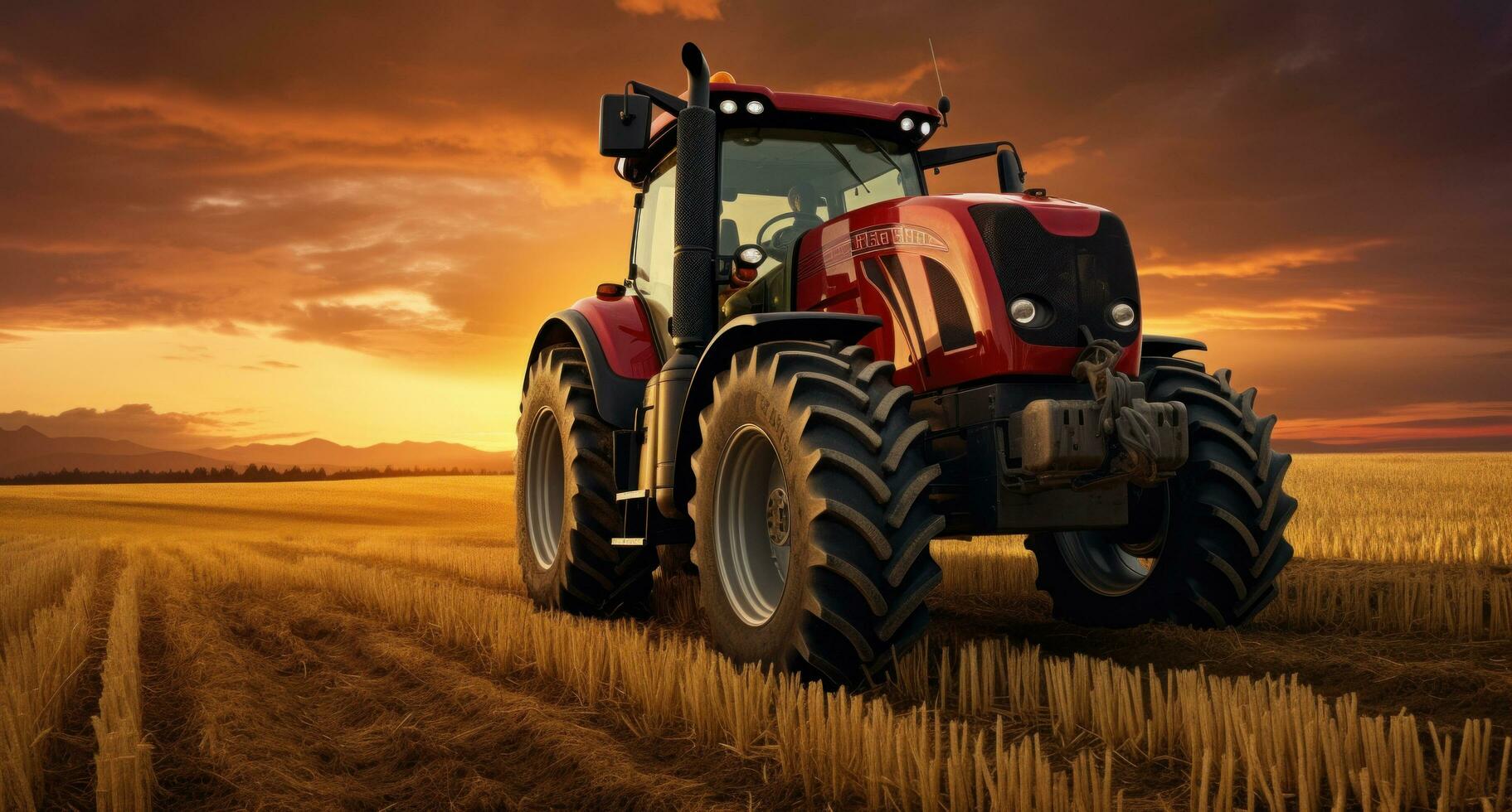 ai genererad detta är en bild av en traktor i de fält, på solnedgång, foto
