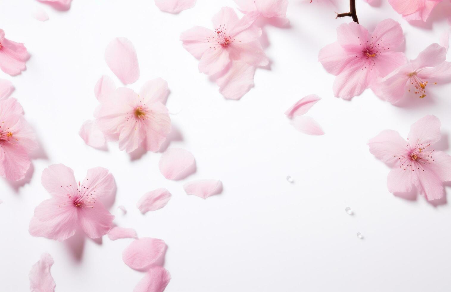 ai genererad rosa blommor med löv faller av på vit bakgrund med vår blomning foto