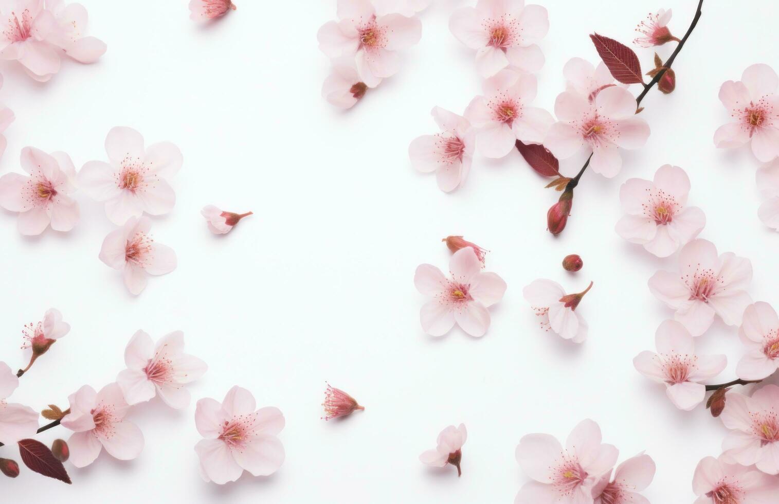 ai genererad rosa blommor med löv faller av på vit bakgrund med vår blomning foto