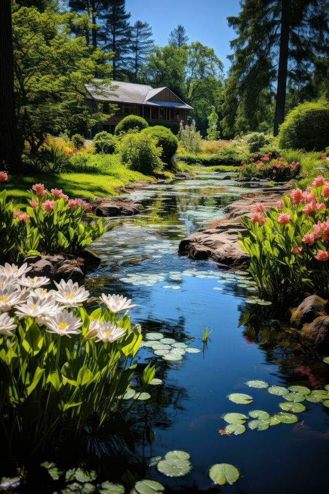 ai genererad en lugn trädgård med en små damm, färgrik blommor, och en klar blå himmel i de bakgrund foto