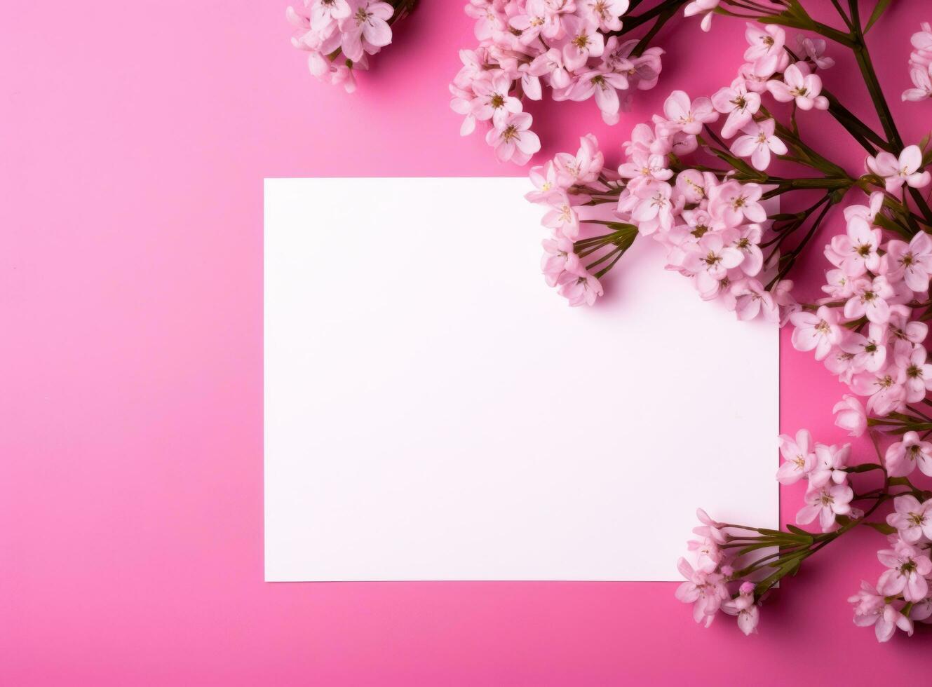 ai genererad tom kort med rosa blommor på rosa bakgrund foto