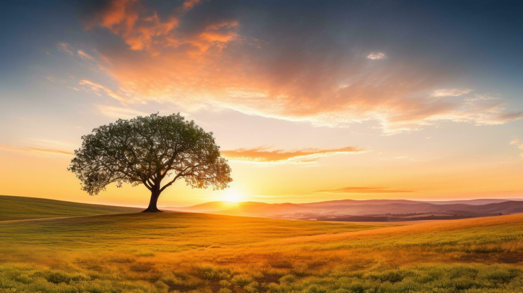 ai genererad en fredlig landsbygden med en gyllene solnedgång, en ensam träd foto