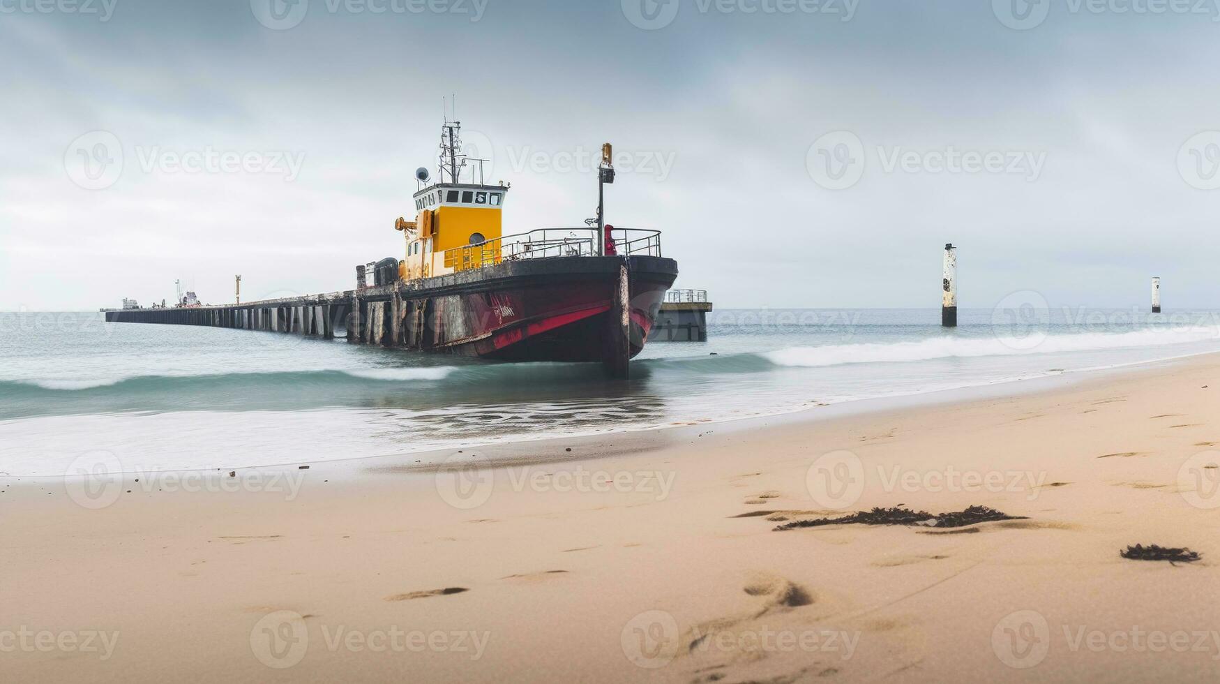 ai genererad panorama till strand och pir med översvämmad gammal bogserbåt, generativ ai foto