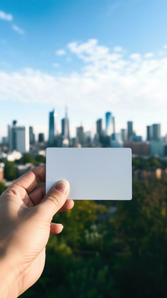 ai genererad en person innehav en företag kort med en stad horisont foto
