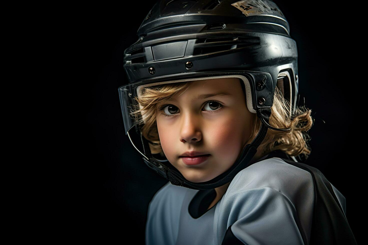 ai genererad porträtt av en pojke klädd som en hockey spelare på en svart bakgrund. foto