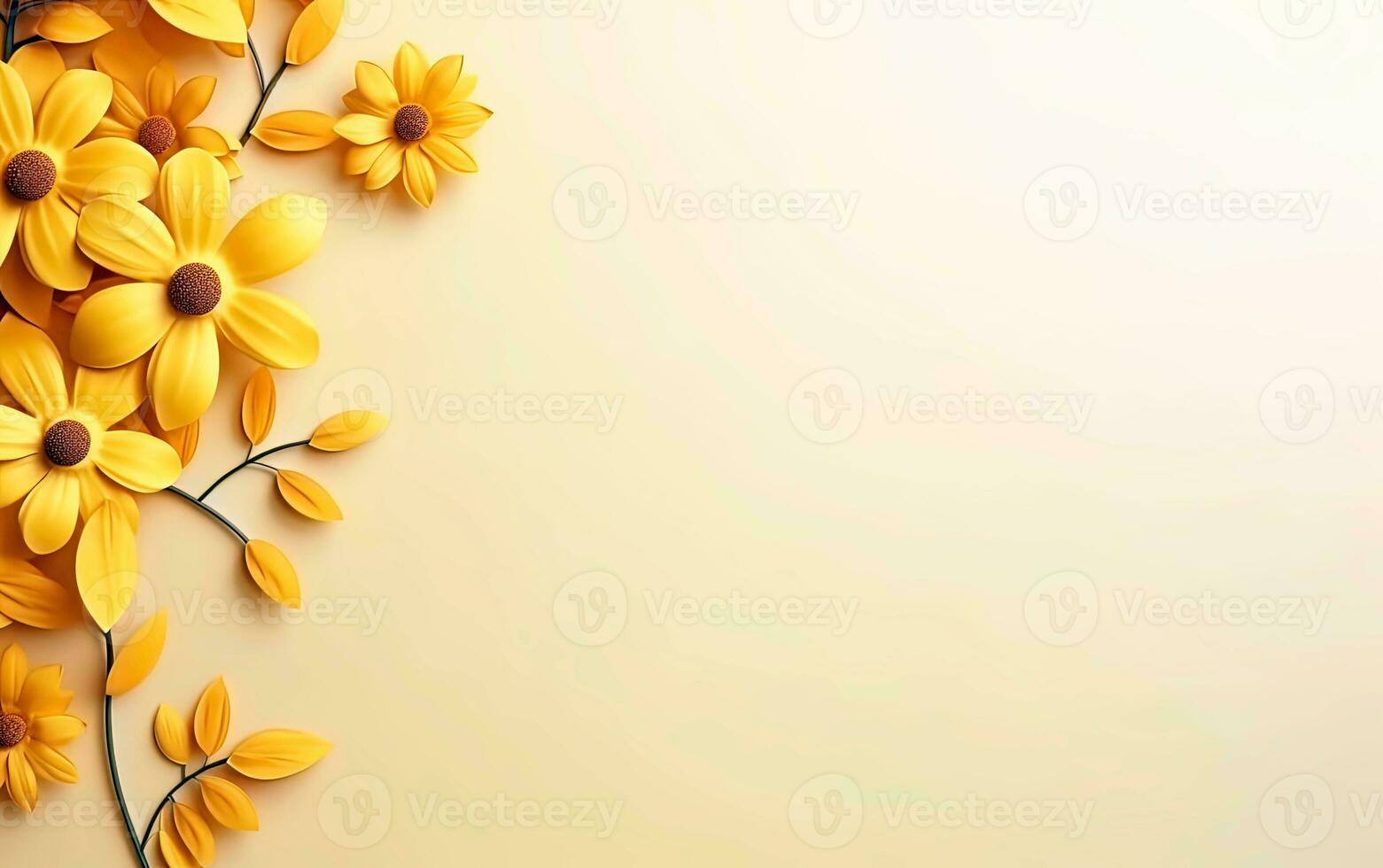 ai genererad rubrik med blommor på gul bakgrund. hälsning kort mall för mammor, kvinnors dag. blommig sammansättning med tömma Plats för text. foto