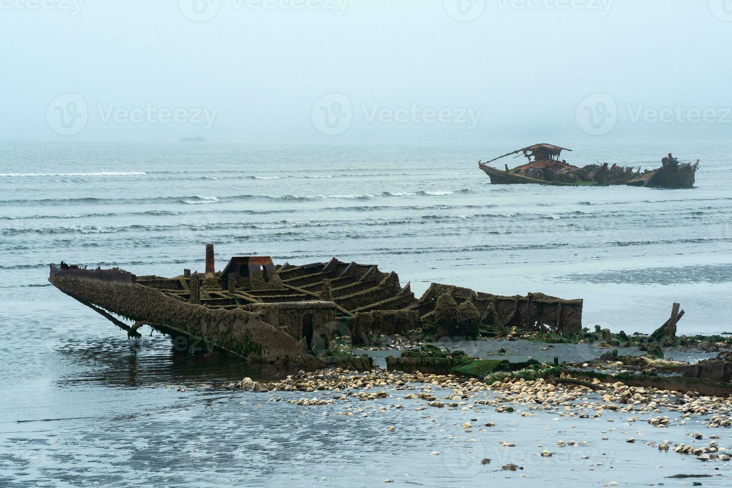 resterna av en förstört fartyg på en dimmig havsstrand foto