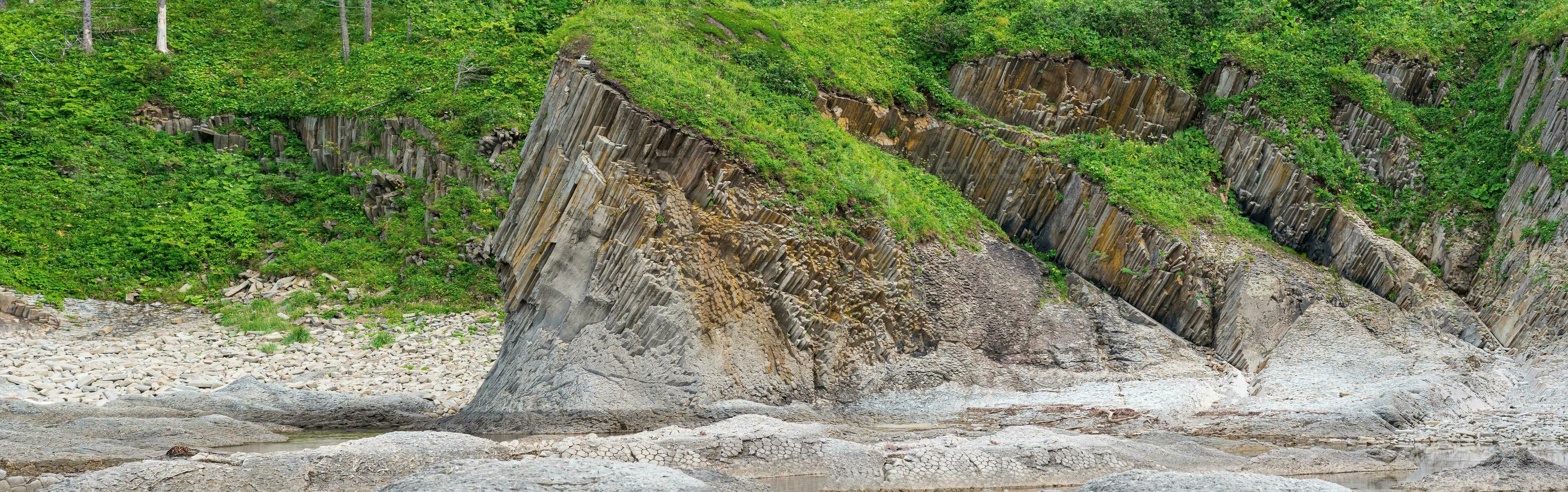 panorama av de kust landskap av kunashir ö nära cape stolbchaty med pelar- basalt stenar täckt med vegetation foto