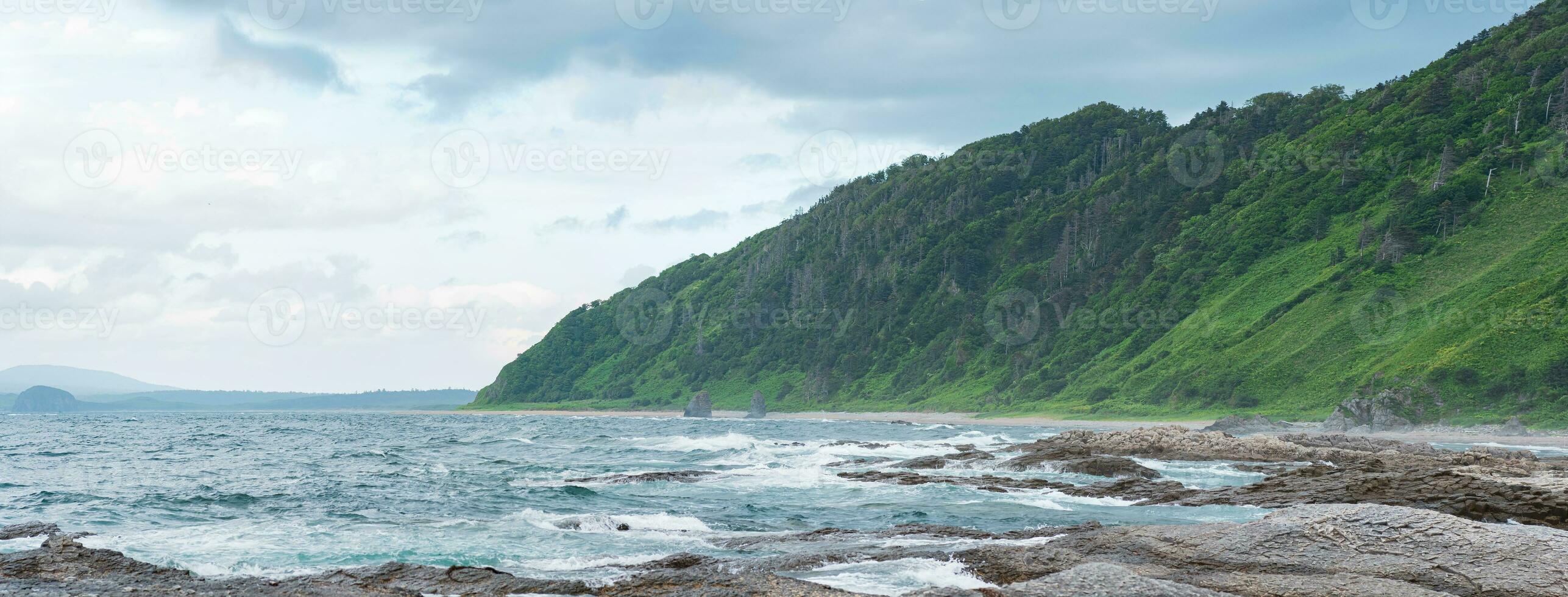 kust landskap, skön trädbevuxen stenar på de grön kust av kunashir ö foto