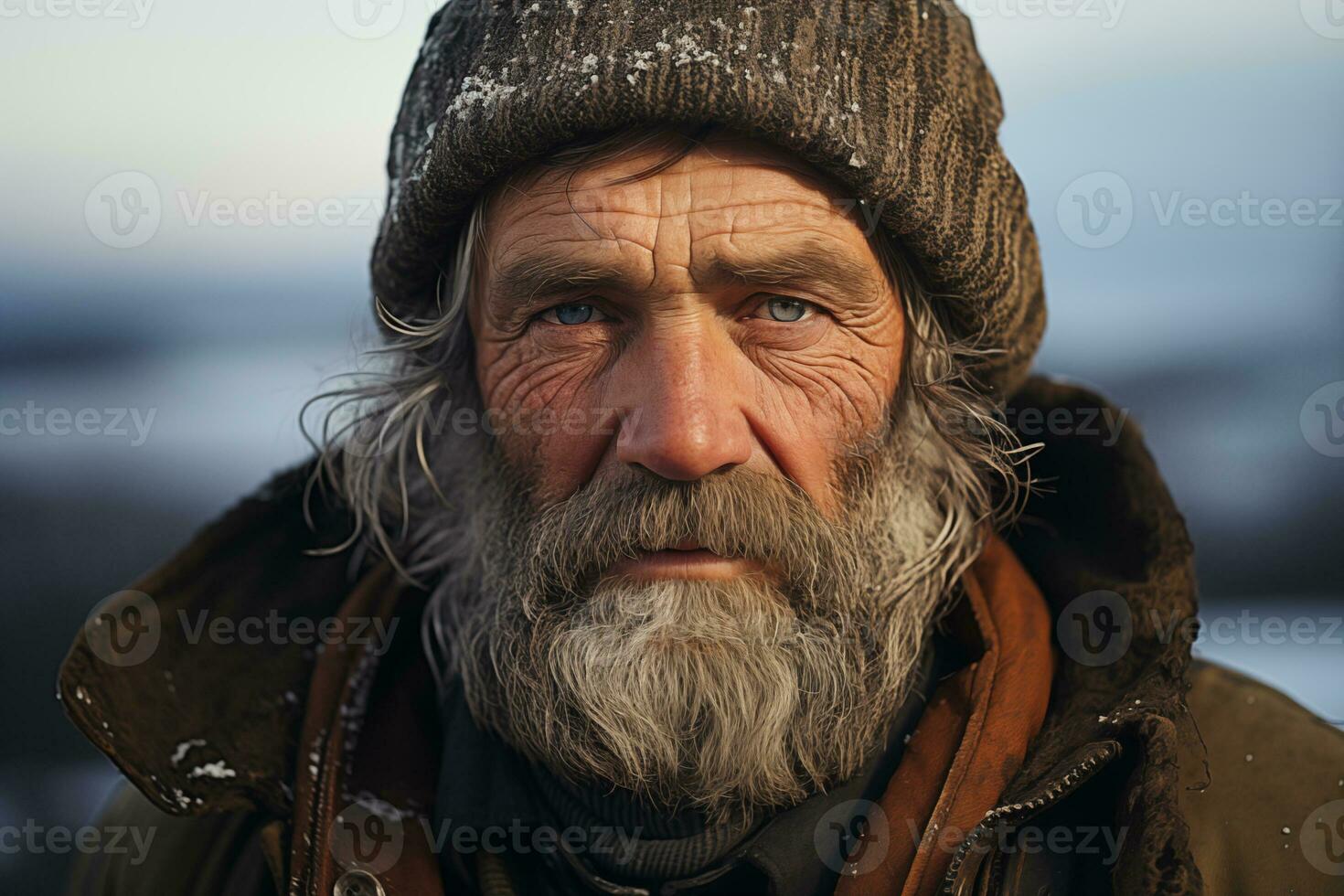ai genererad porträtt av gammal man mot de bakgrund av en suddig vinter- landskap foto