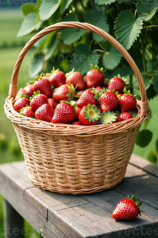 ai genererad jordgubbar i en korg på en trä- tabell foto