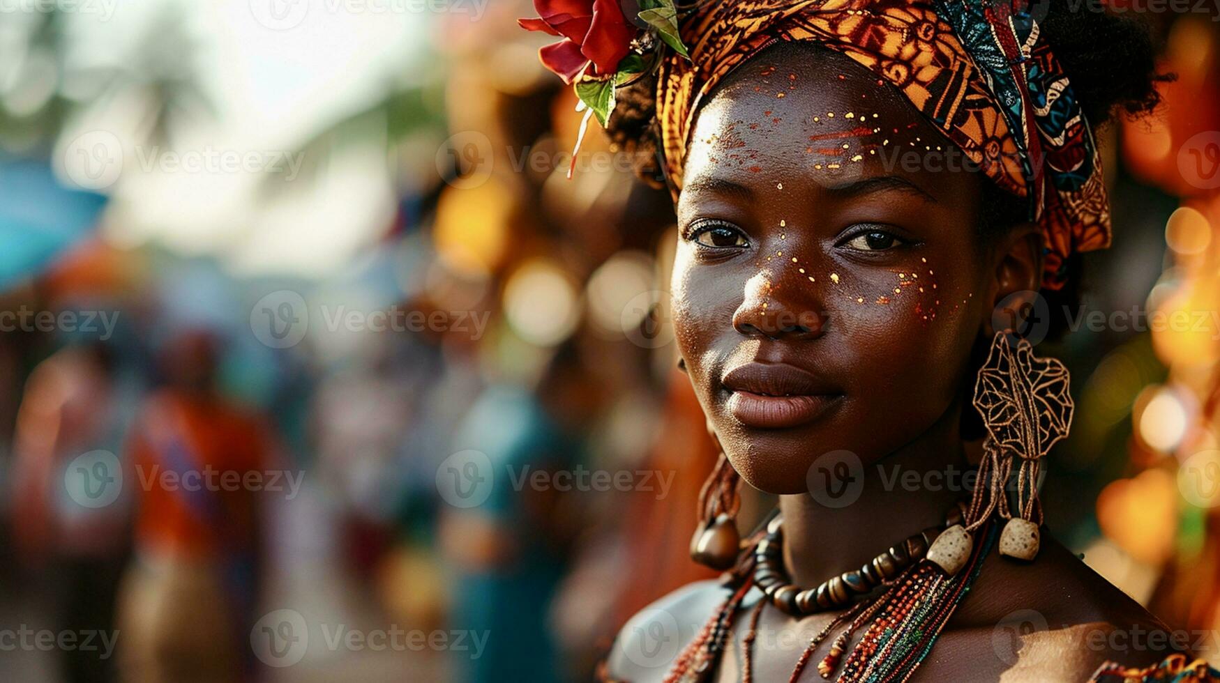 ai genererad de afrikansk flicka med mörk hud närbild på festival utomhus foto