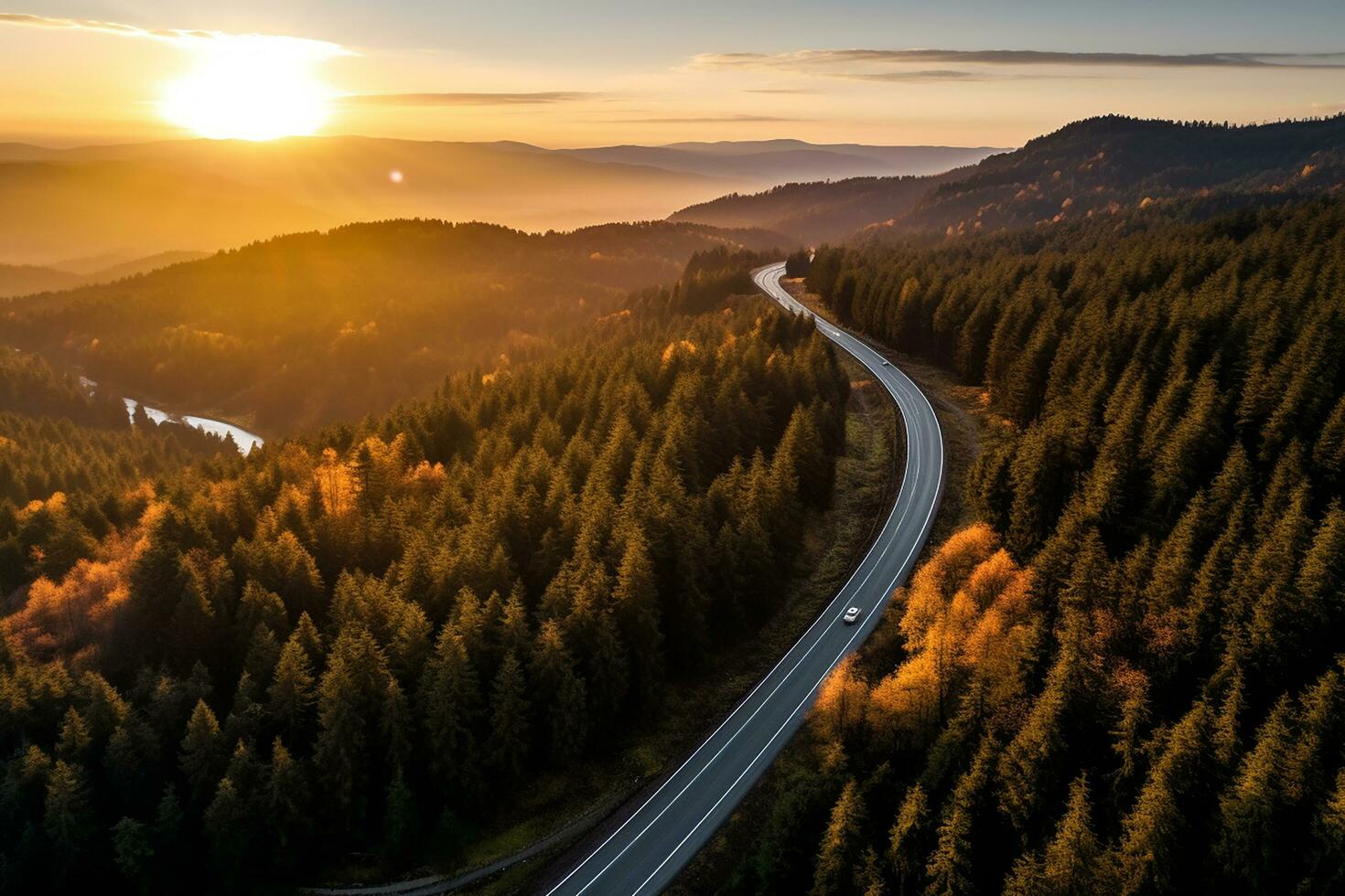 ai genererad antenn se av berg väg i skog på solnedgång i höst. topp se från Drönare av väg i skogen. skön landskap med körbana i kullar, tall träd, grön ängar foto