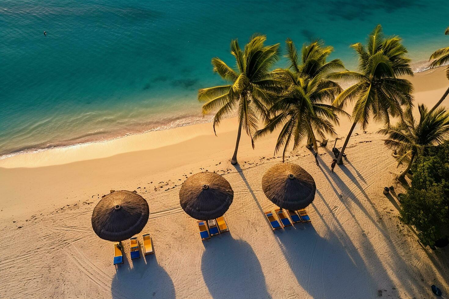 ai genererad antenn se, Fantastisk strand med paraplyer och vardagsrum stolar sängar stänga till turkos hav. skön se sommar strand landskap idyllisk koppla av lugn par semester, romantisk Semester foto