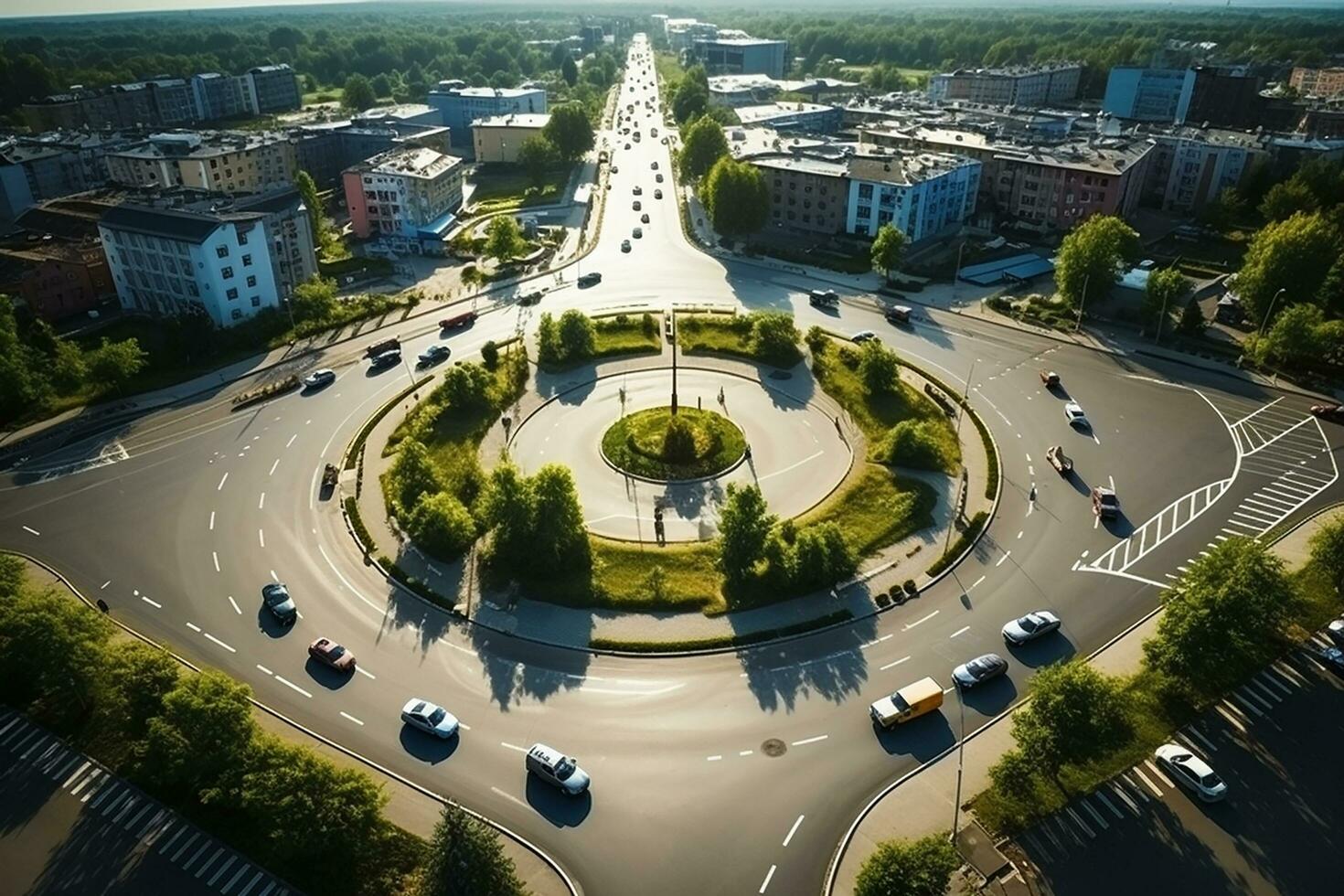 ai genererad antenn topp se väg rondell med bil massor, antenn se väg trafik i stad på natt. foto