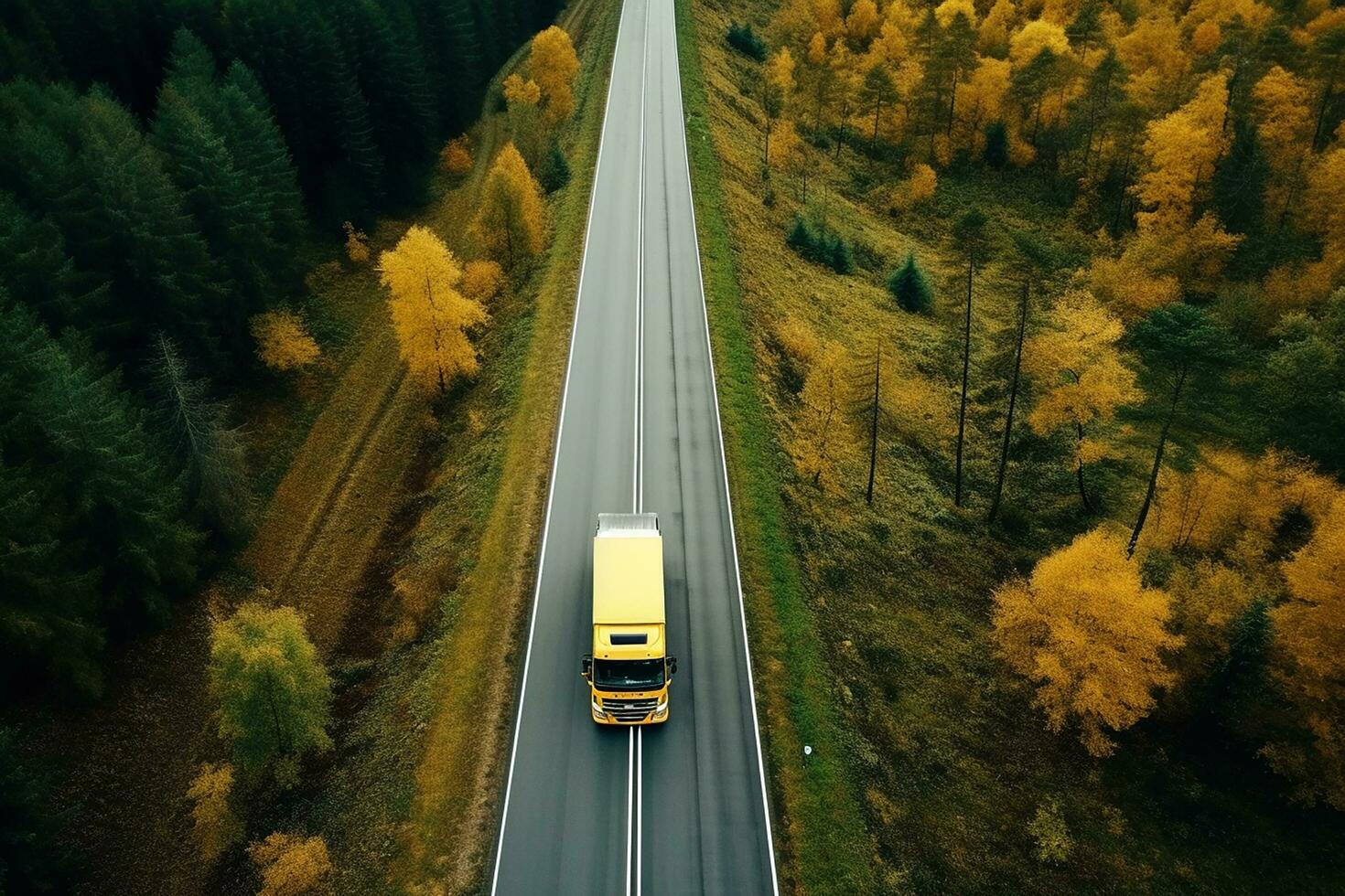 ai genererad arial se av tung lastbil på en smal vridning väg. höst färgrik träd förbi de sidor av de väg. foto