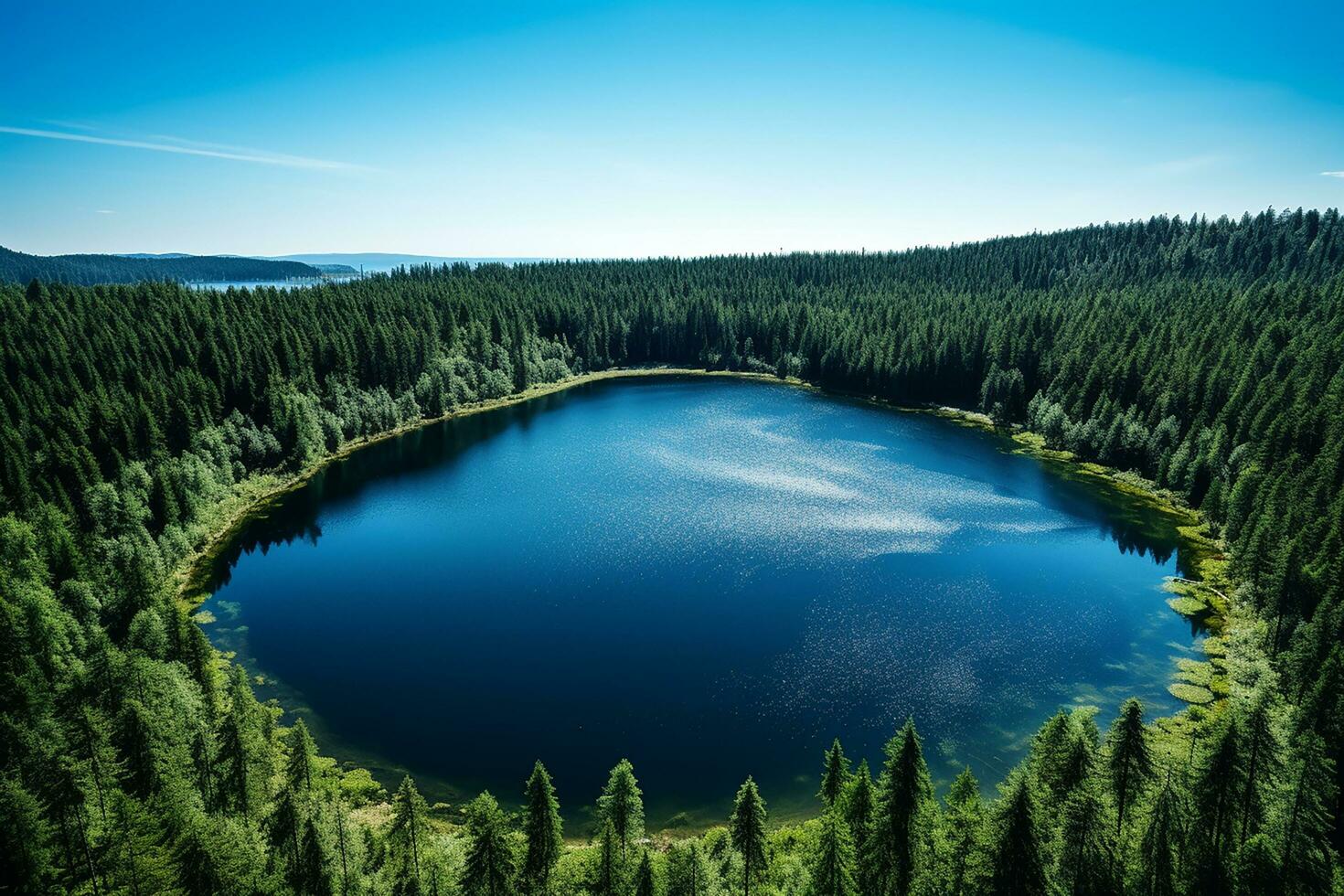 ai genererad ett nästan perfekt cirkulär sjö skott hetero ner från de luft liknar de jord omgiven förbi en tall skog foto