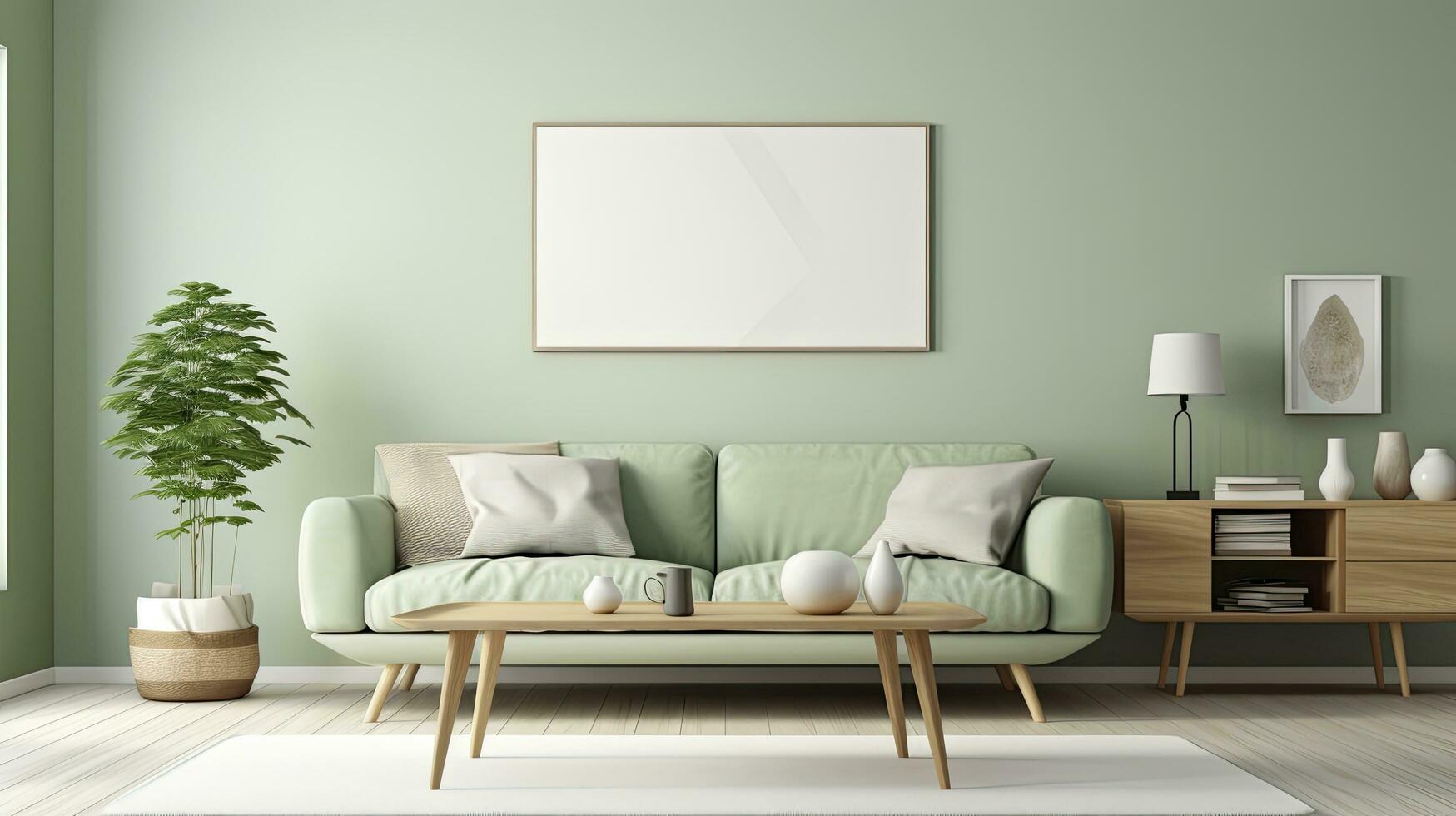 ai genererad modern soffa i levande rum interiör med tömma ram foto