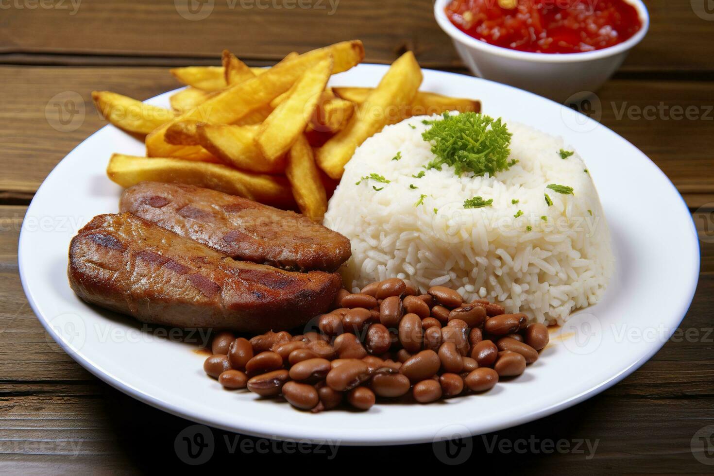 ai genererad ris, bönor, franska pommes frites, och kött. generativ ai foto