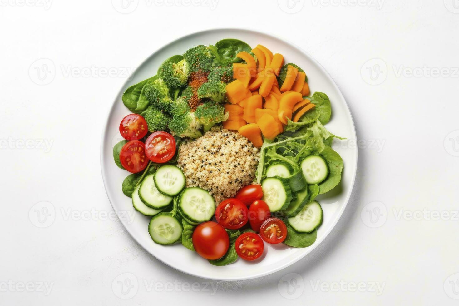 ai genererad sallad med quinoa, spenat, broccoli, tomater, gurkor och morötter. ai genererad foto
