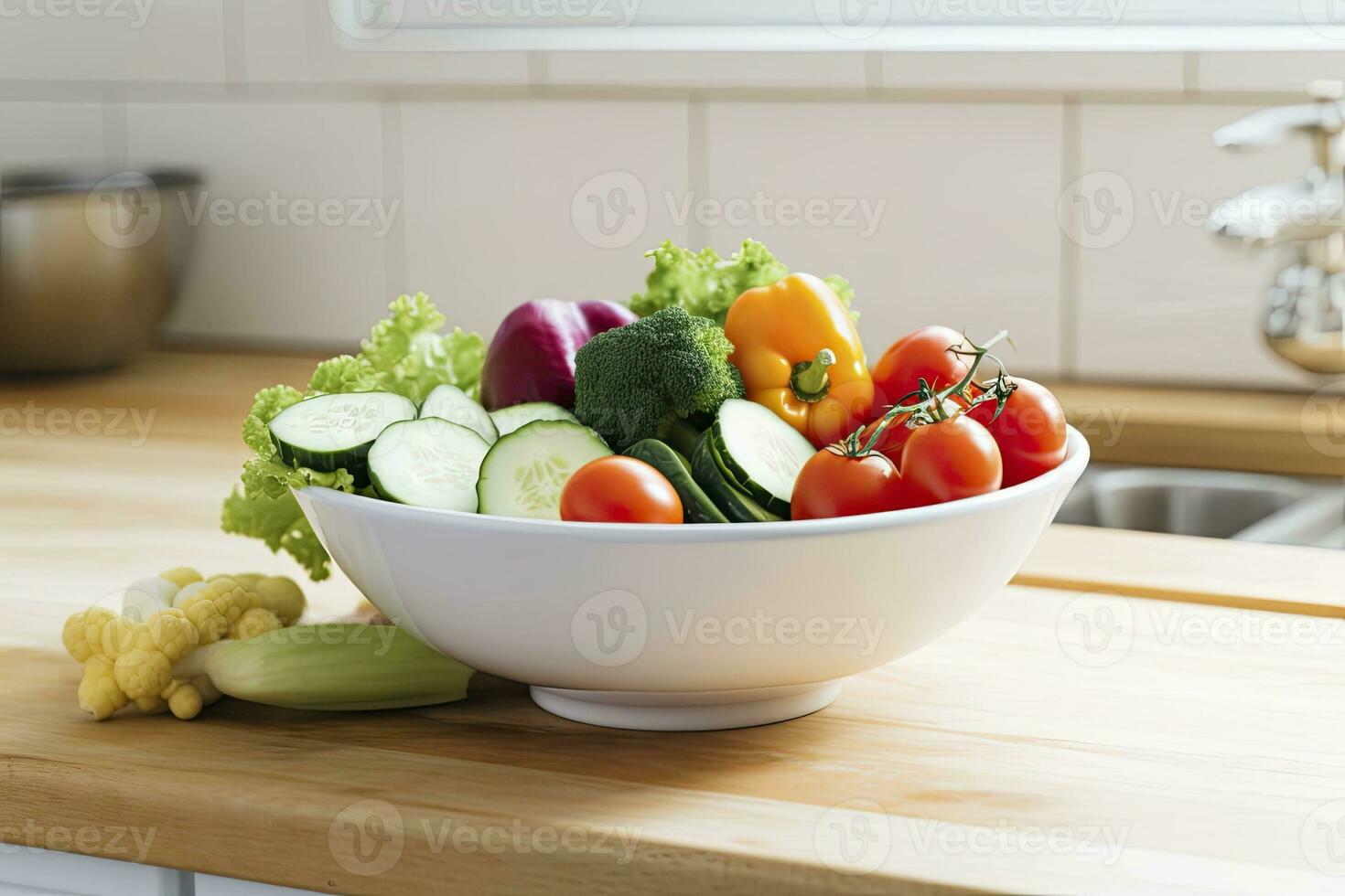 ai genererad kök fortfarande liv med vit skål av tvättades grönsaker på trä- skrivbord. ai genererad foto