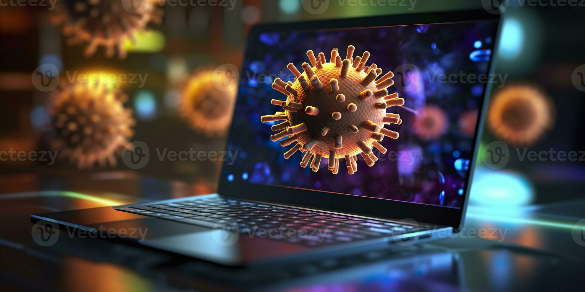 ai genererad dator skärm som visar ett montera uppdatering underrättelse med en virus symbol, ai generativ foto