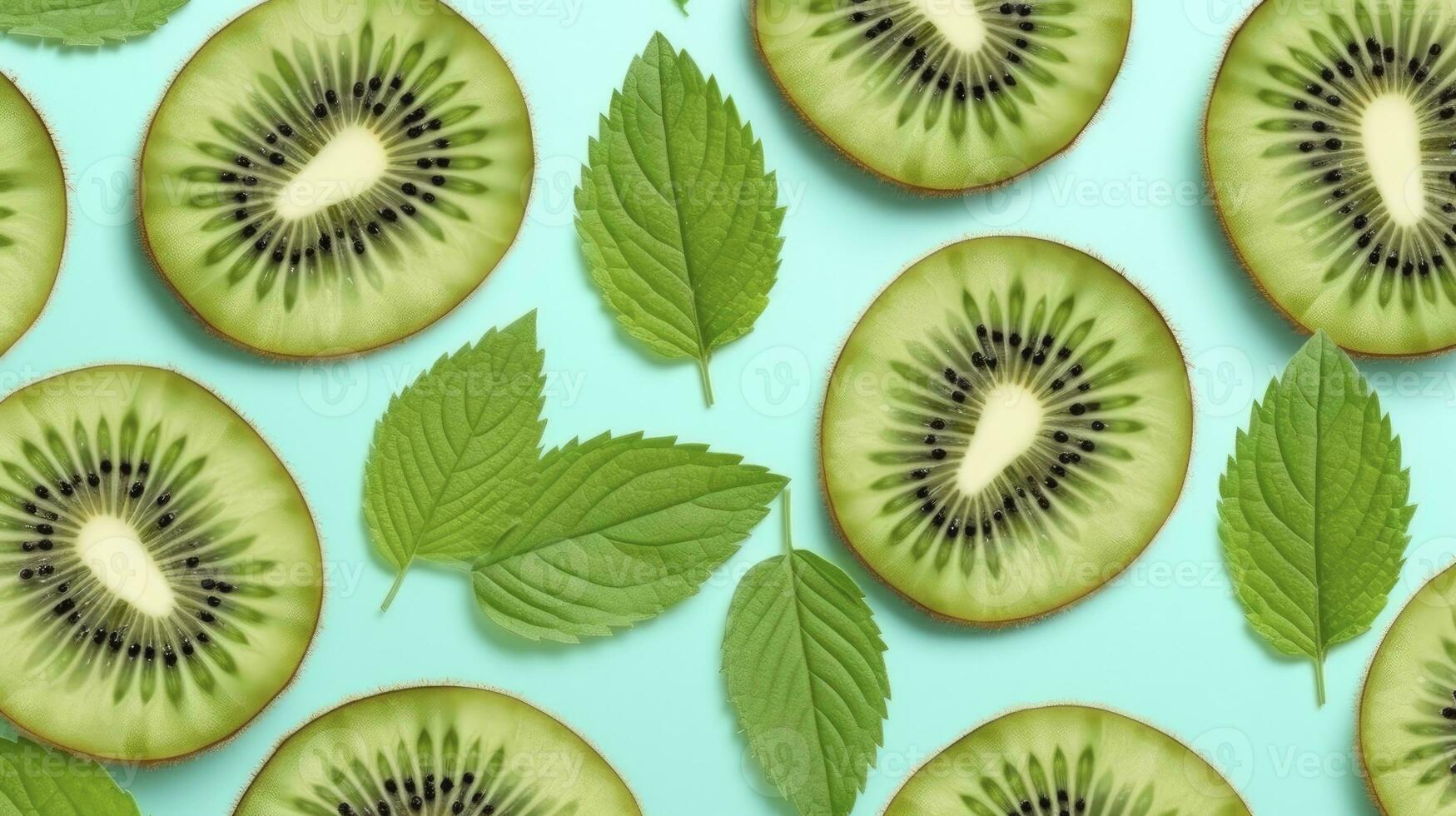 ai genererad skivor av kiwi frukt och grön mynta löv på en ljus pastell blå bakgrund. ai genererad foto