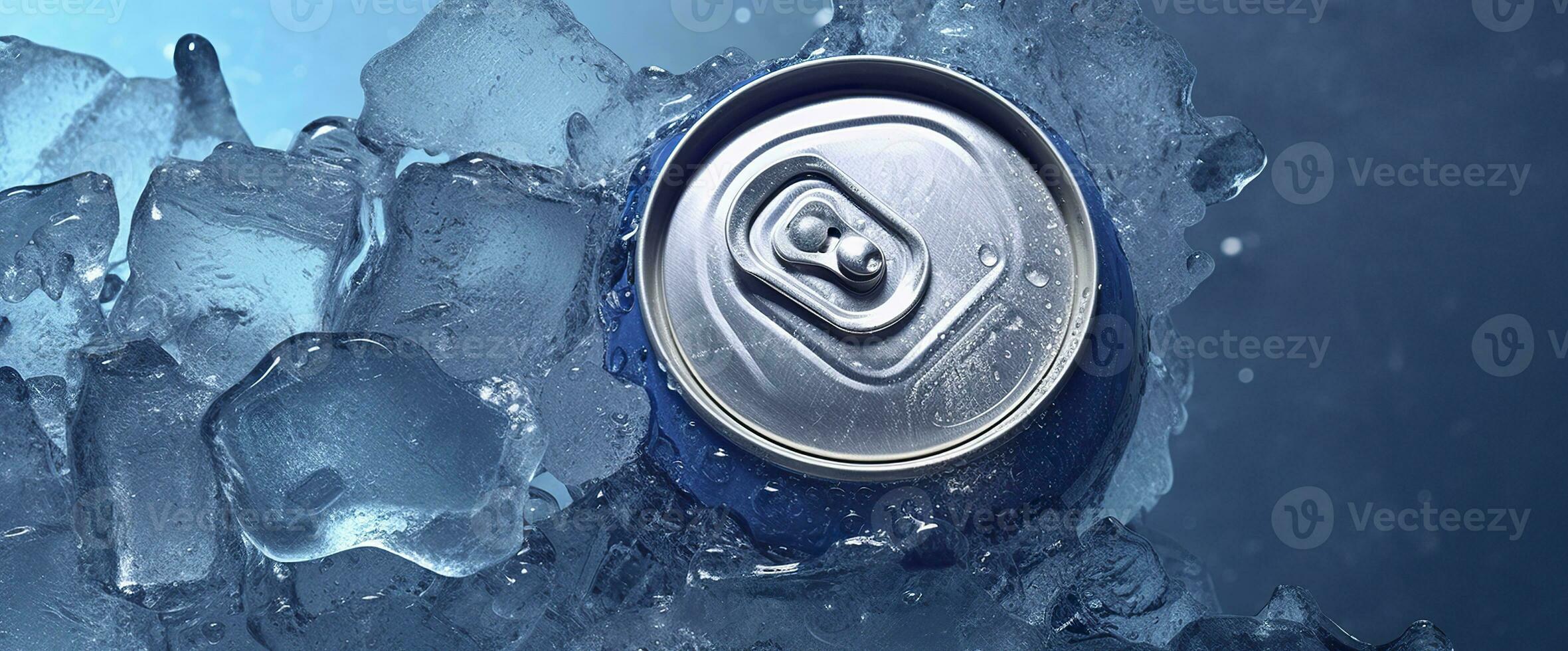 ai genererad topp av dryck tenn kan iced nedsänkt i frost is, metall aluminium dryck. generativ ai foto