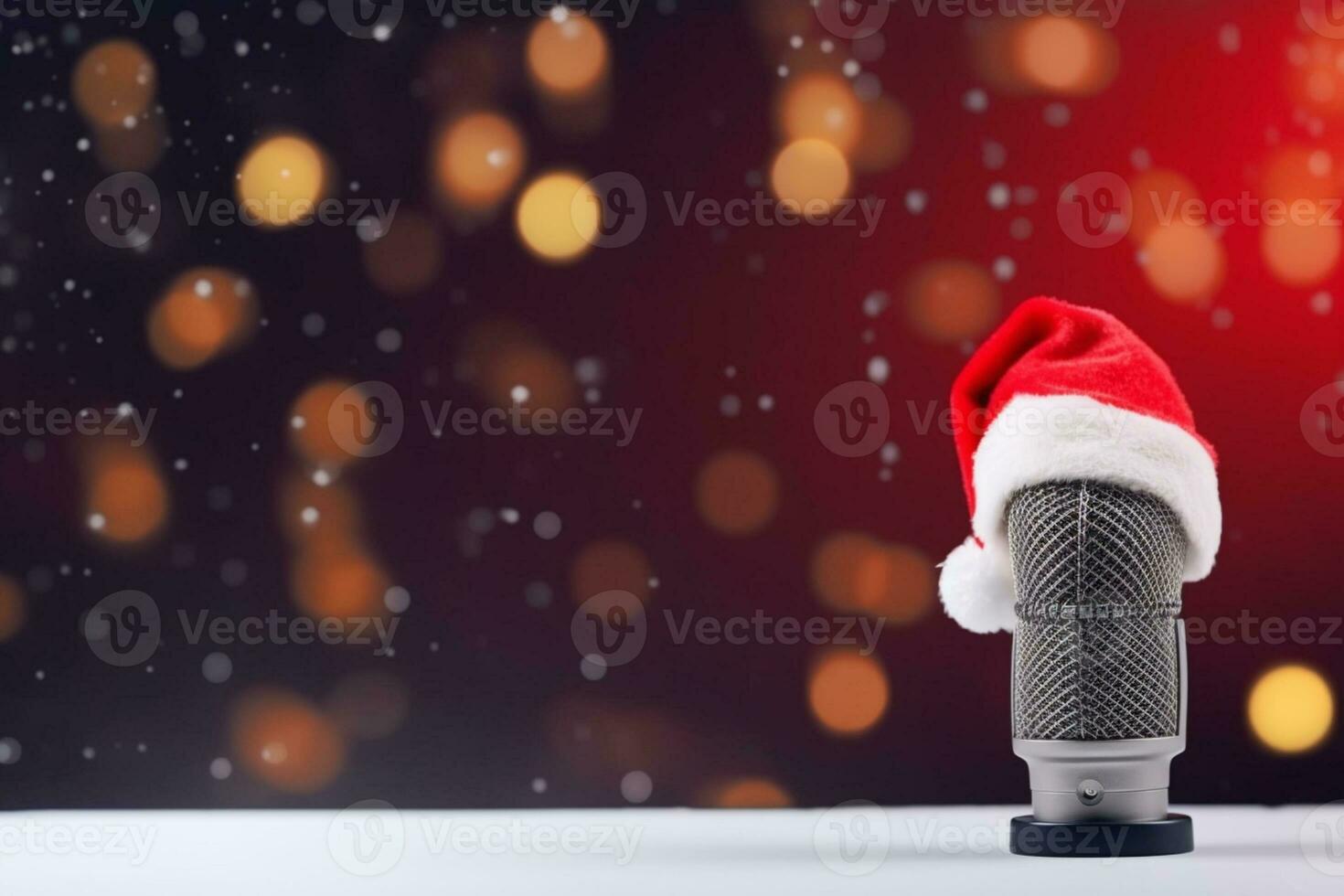 ai genererad mikrofon med santa hatt och dekorationer på trä- tabell mot röd bakgrund foto