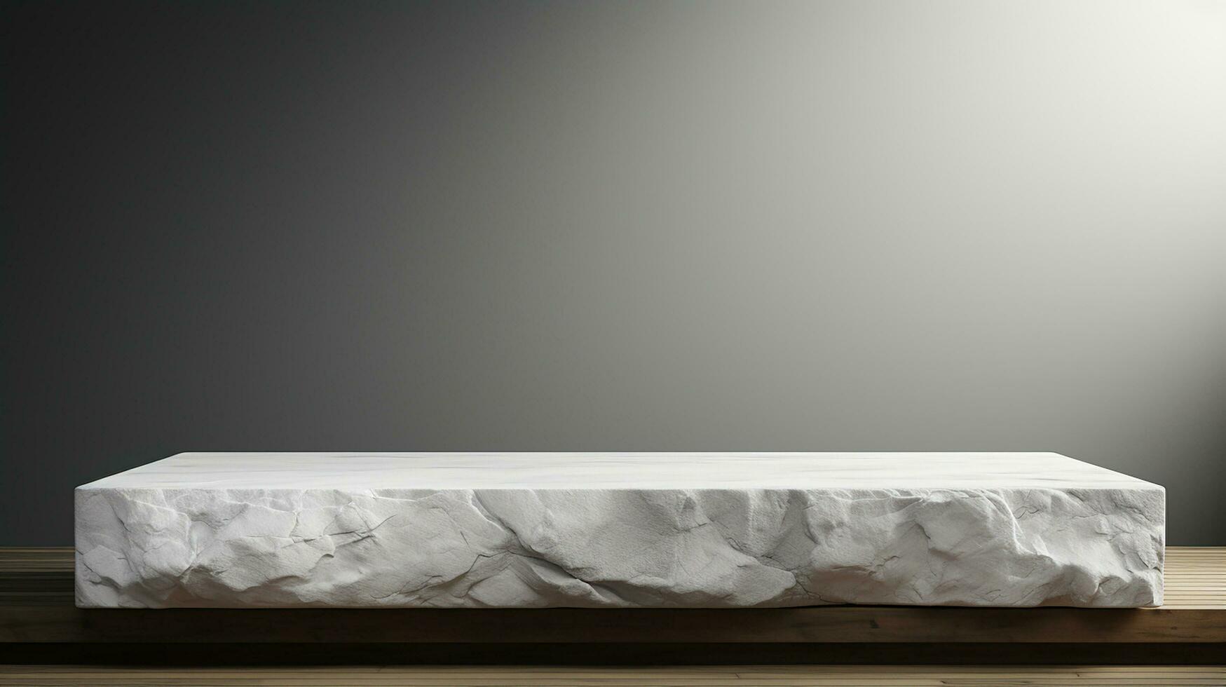 ai genererad 3d återges vit tömma lyx naturlig sten podium med löv för som visar förpackning och produkt på svart bakgrund, kopia Plats foto