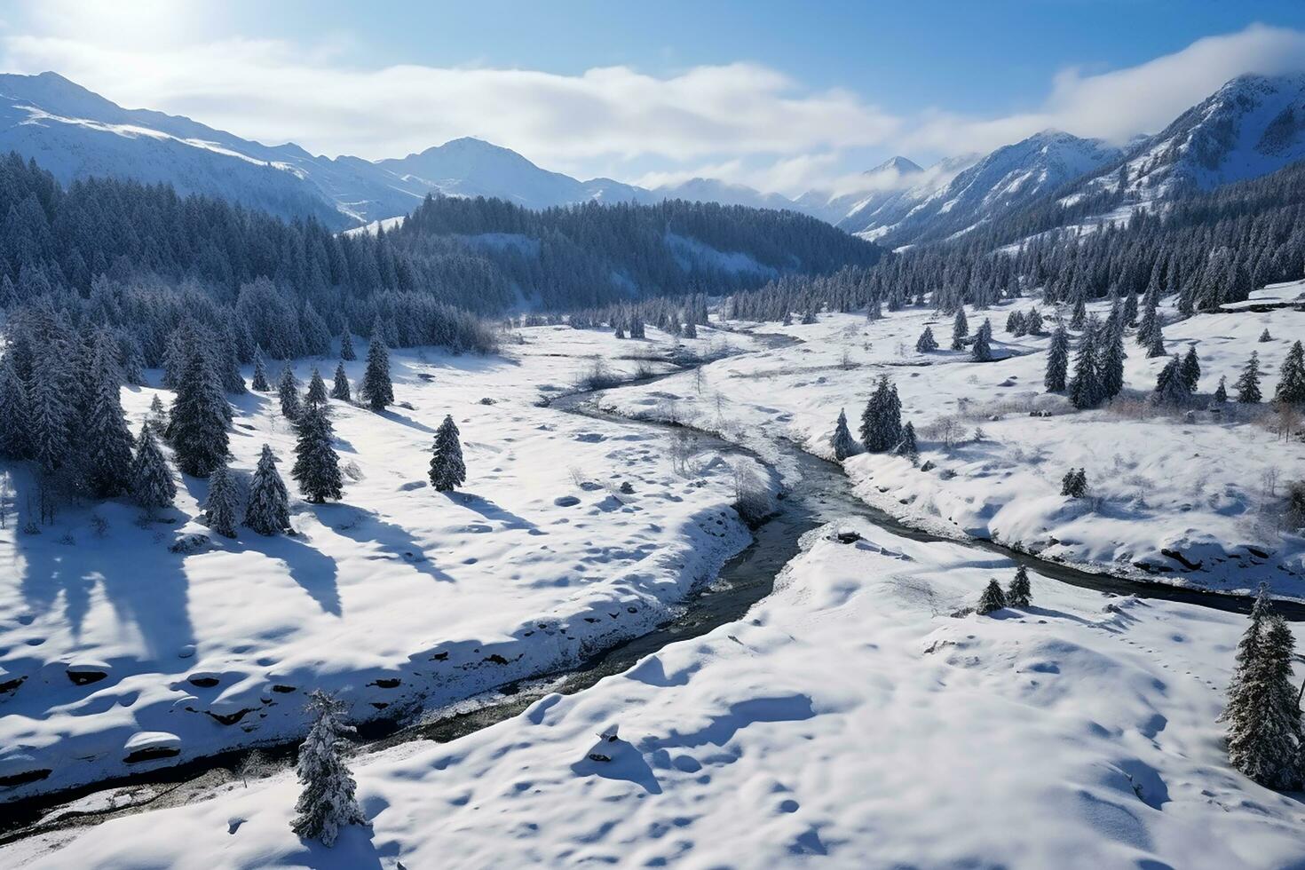 ai genererad topp antenn se av snö berg landskap med träd och väg foto