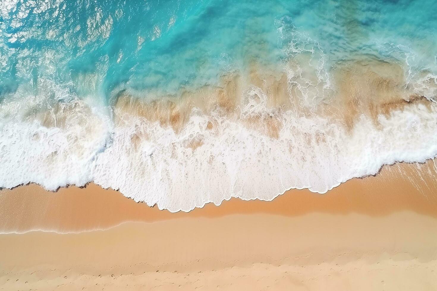 ai genererad topp se antenn bild från Drönare av ett fantastisk skön hav landskap strand med turkos vatten med kopia Plats foto