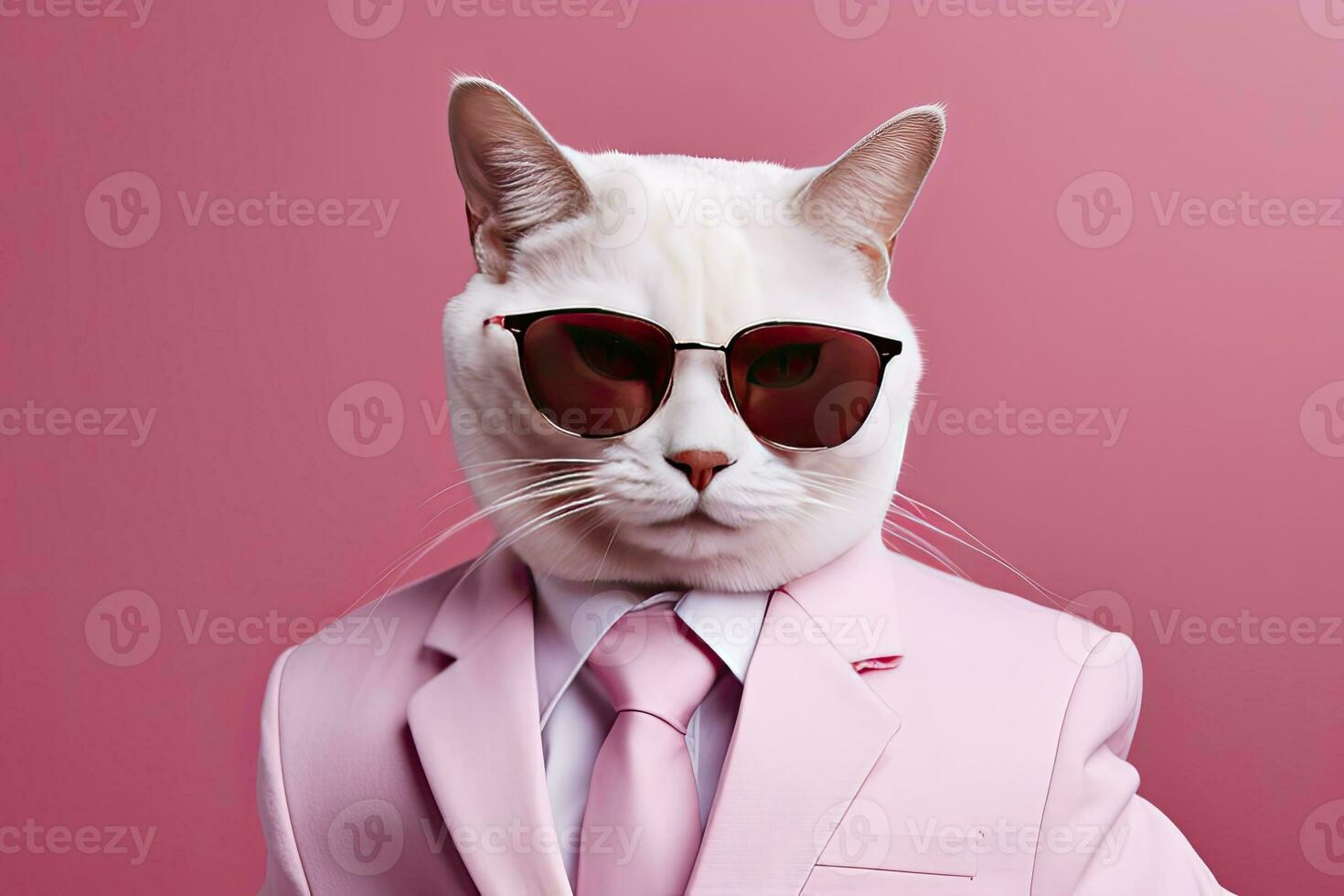 ai genererad en katt är bär solglasögon och kostym på rosa bakgrund. ai genererad foto