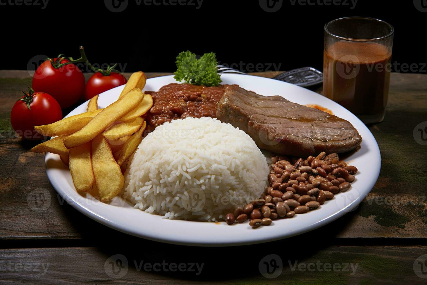 ai genererad ris, bönor, franska pommes frites, och kött. generativ ai foto