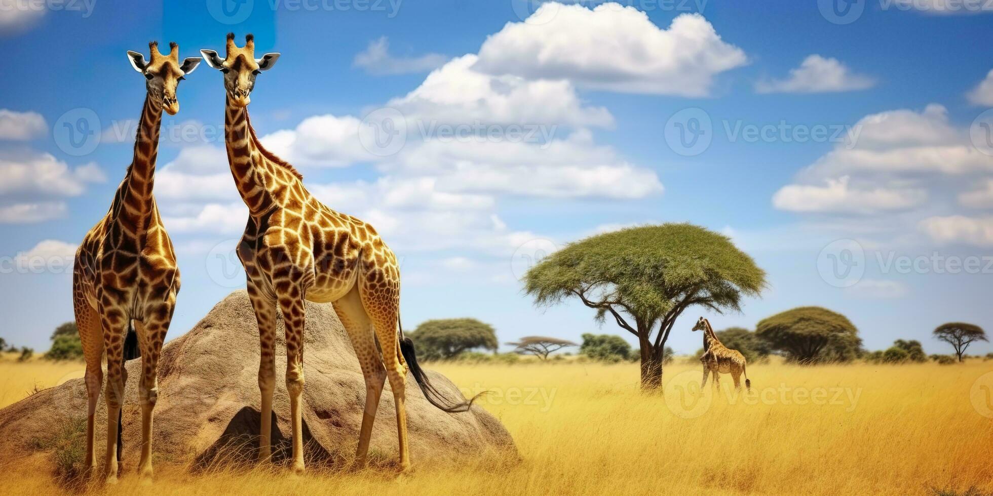 ai genererad giraffer i de afrikansk savann. serengeti nationell parkera. afrika. tanzania. ai genererad foto