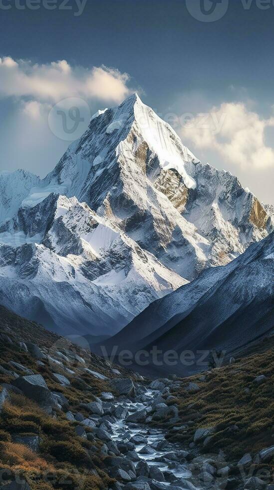 ai genererad de skönhet av en majestätisk och snö capped berg räckvidd, med oländig toppar, ai generativ foto